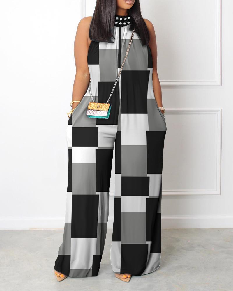 

Geometric Print Pocket Detail Wide Leg Jumpsuit, Black