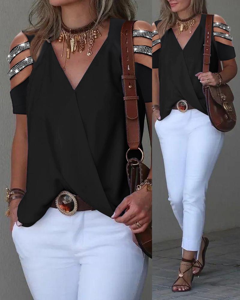 

Rhinetone Cutout Sleeveless Wrap Blouse, Black