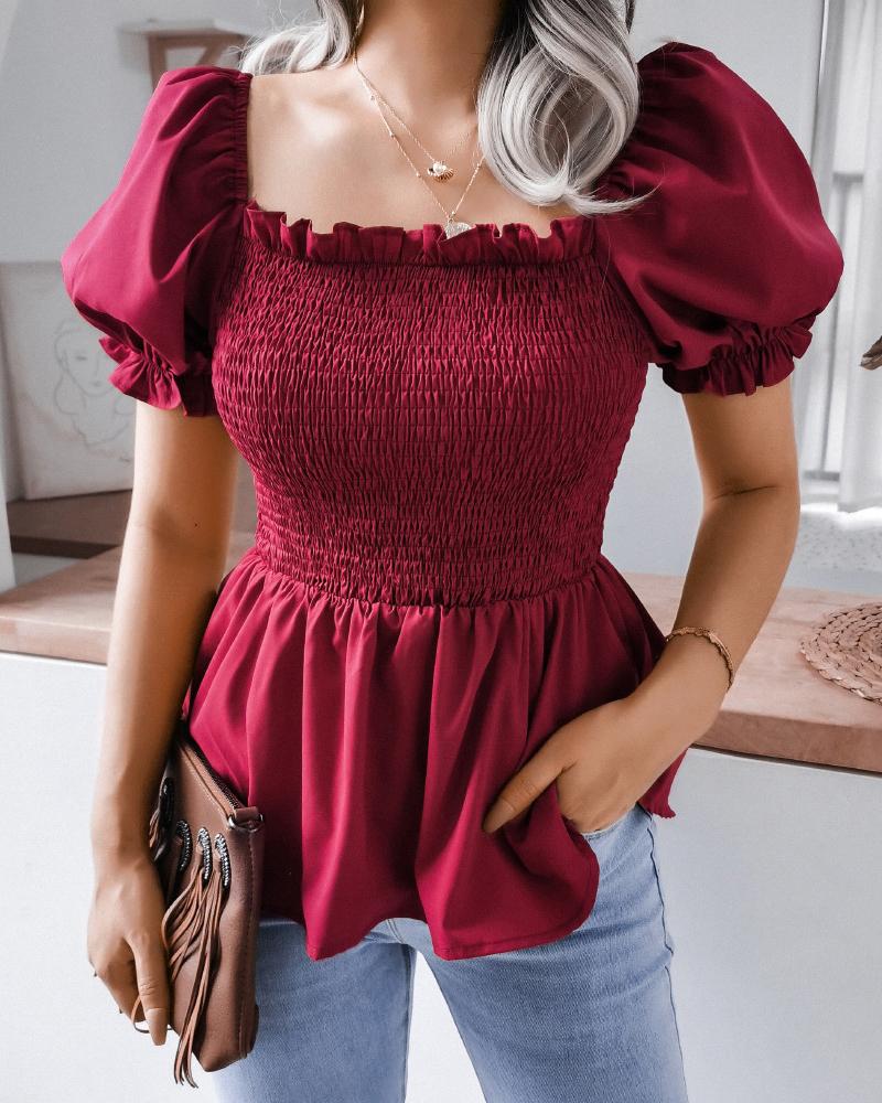 

Puff Sleeve Shirred Ruffles Ruched Top, Red