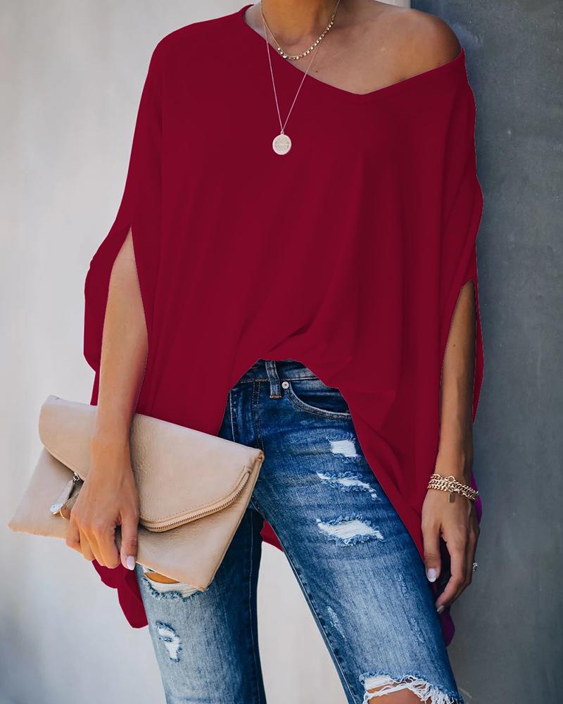 

Solid Color Bat Sleeve Blouse, Wine red