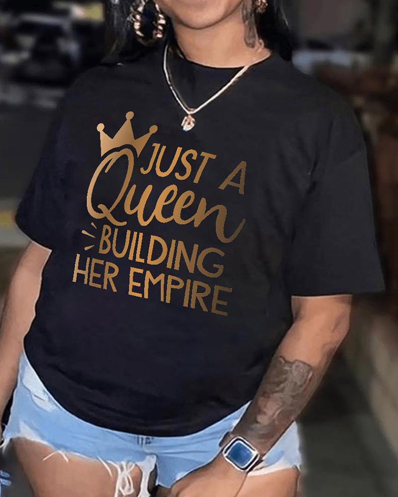 

Women's Retro Letter Crown Print Short Sleeve T-shirt, Black