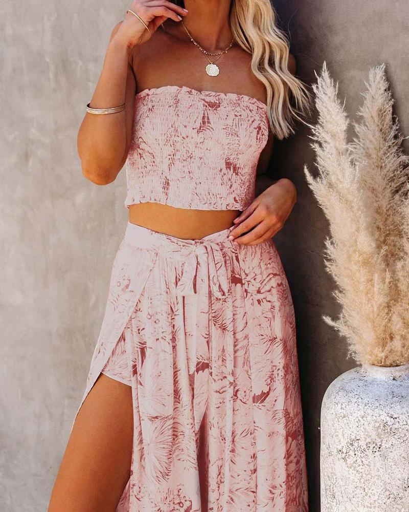 

Tropical Print Bandeau Shirred Crop Top & Wide Leg Pants Set, Pink
