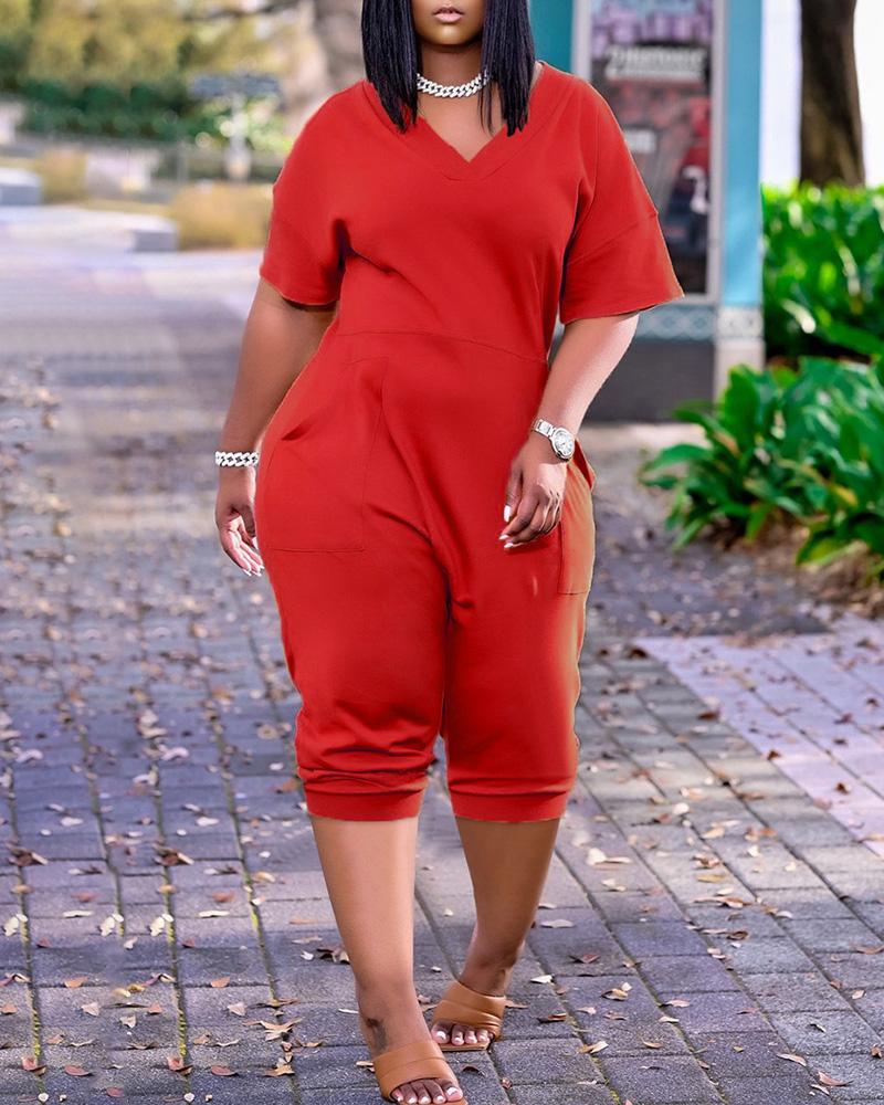 

Pocket Design Plain Short Sleeve Jumpsuit, Red