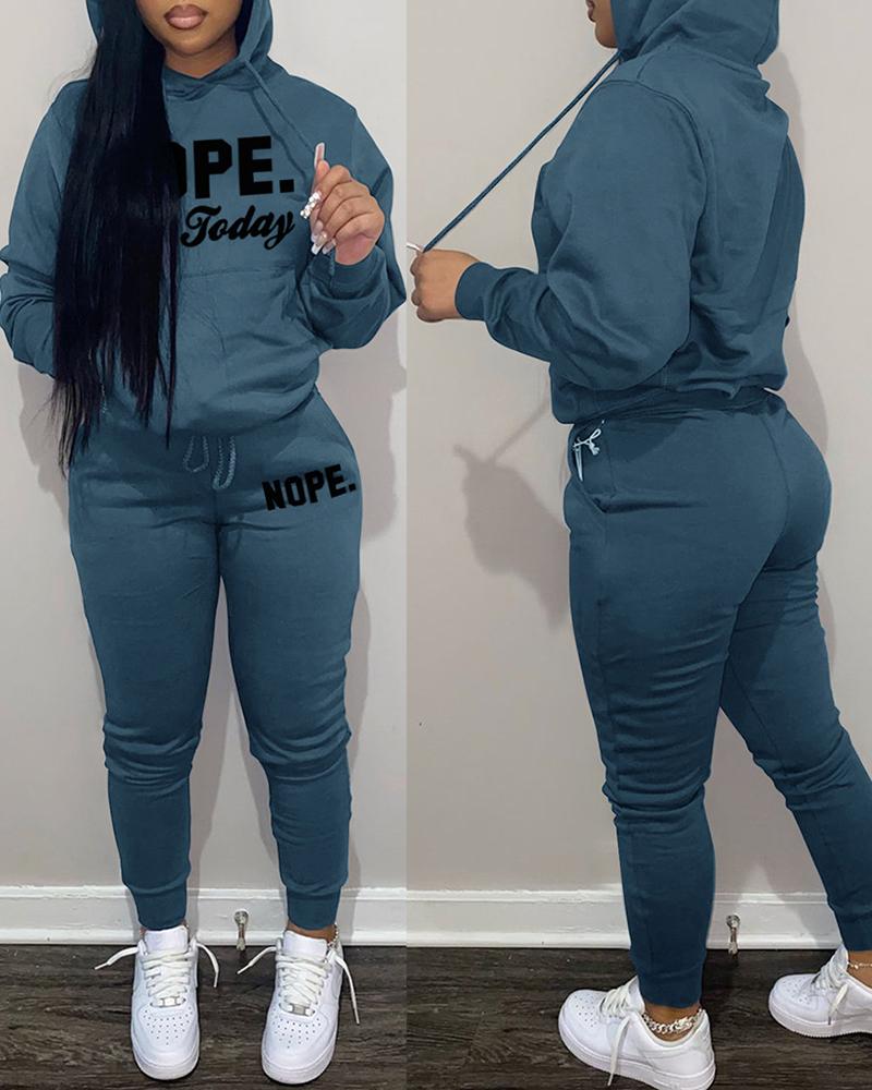 

Letter Print Pocket Design Hoodie & Pants Set, Blue