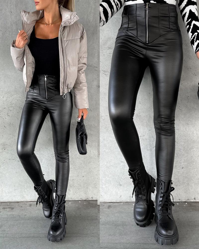 

Zipper Fly High Waist PU Leather Skinny Pants, Black