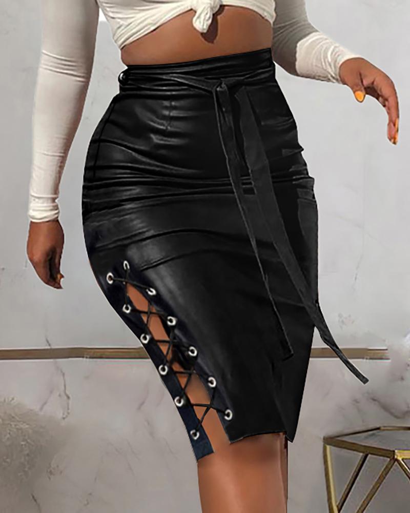 

PU Leather Eyelet Lace Up Skirt, Black