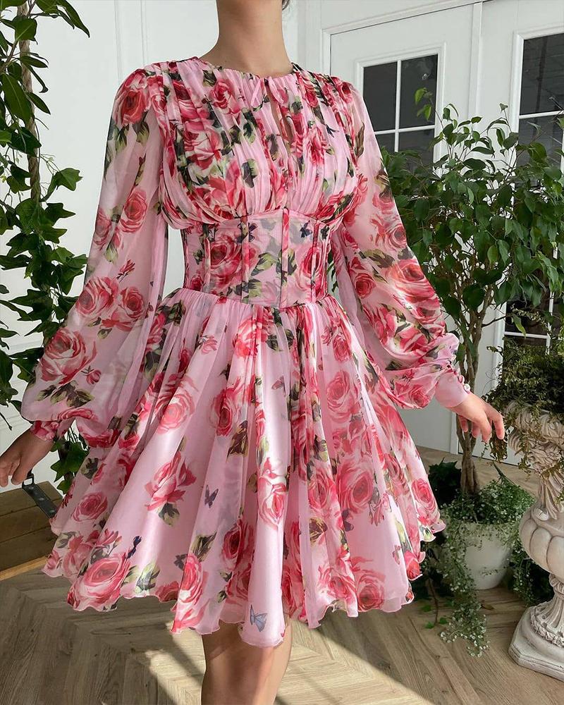 

Floral Print Tie Neck Fold Pleat Binding Detailing Fit Sheer Lantern Sleeve Dress, Pink