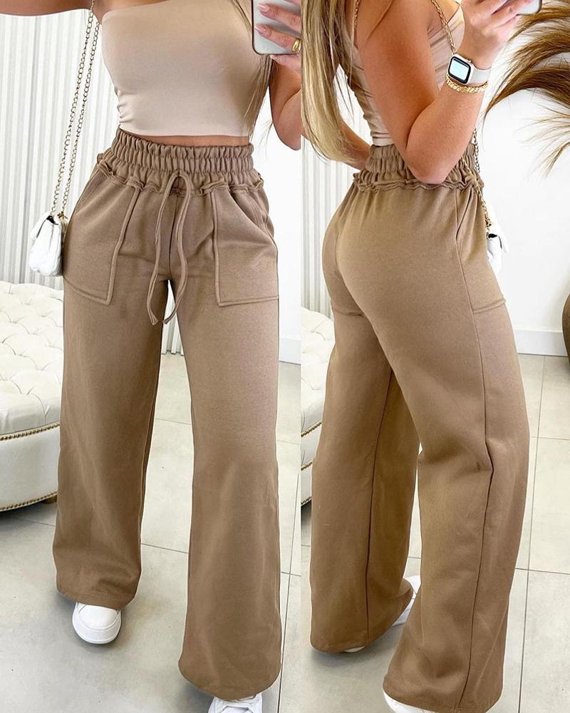 

Drawstring Pocket Design Casual Pants, Khaki