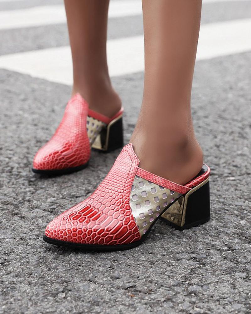 

Womens Patchwork Crocodile Print Point Toe Mules, Red