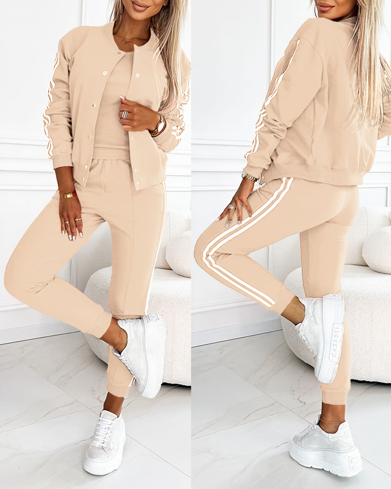

Conjuntos de 3 piezas Conjuntos a juego Camisetas sin mangas con parche de cinta a rayas Chaqueta con botones al frente Pantalones con puños y bolsillos Chándal, Khaki