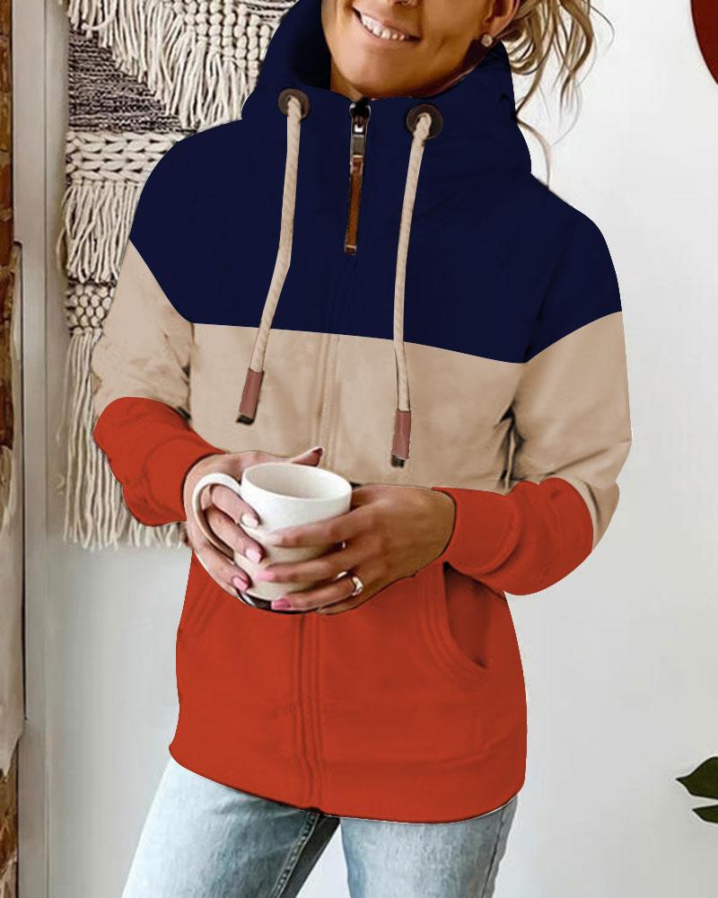 

Colorblock Long Sleeve Drawstring Hoodie, Orange