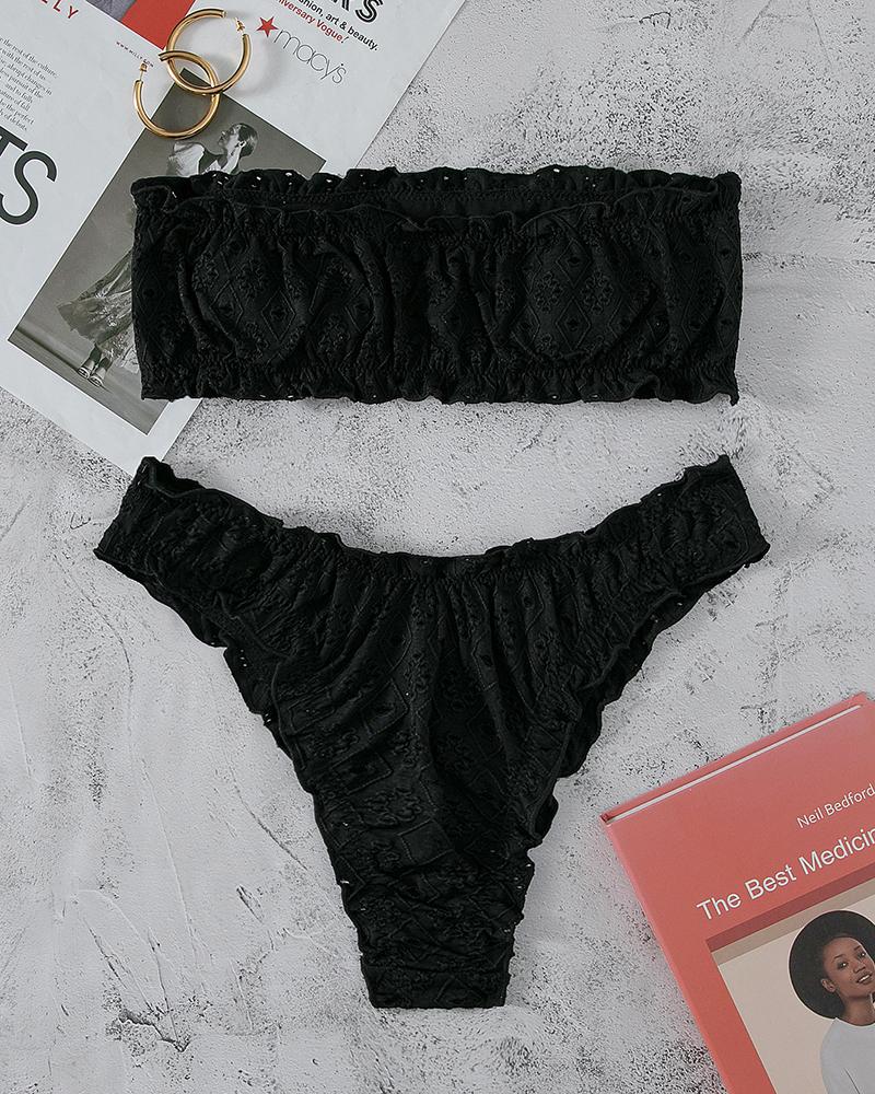 

Frill Hem Bandeau Graphic Pattern Bikini Set, Black