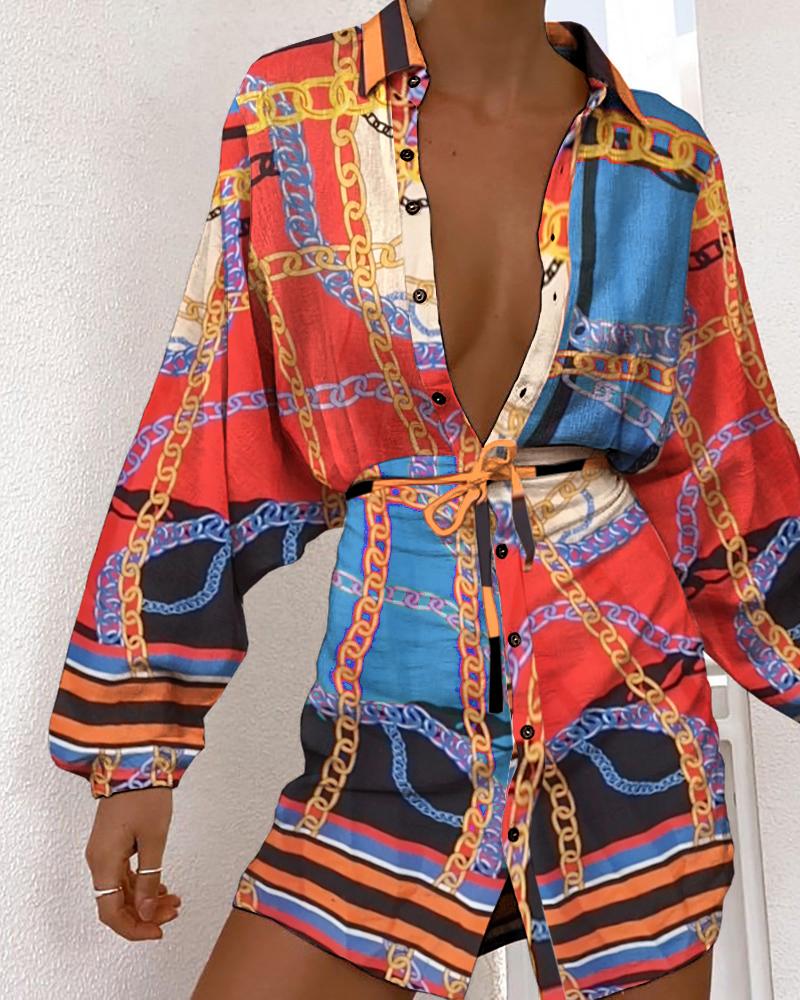 

Scarf Print Button Design Long Sleeve Shirt Dress, Multicolor
