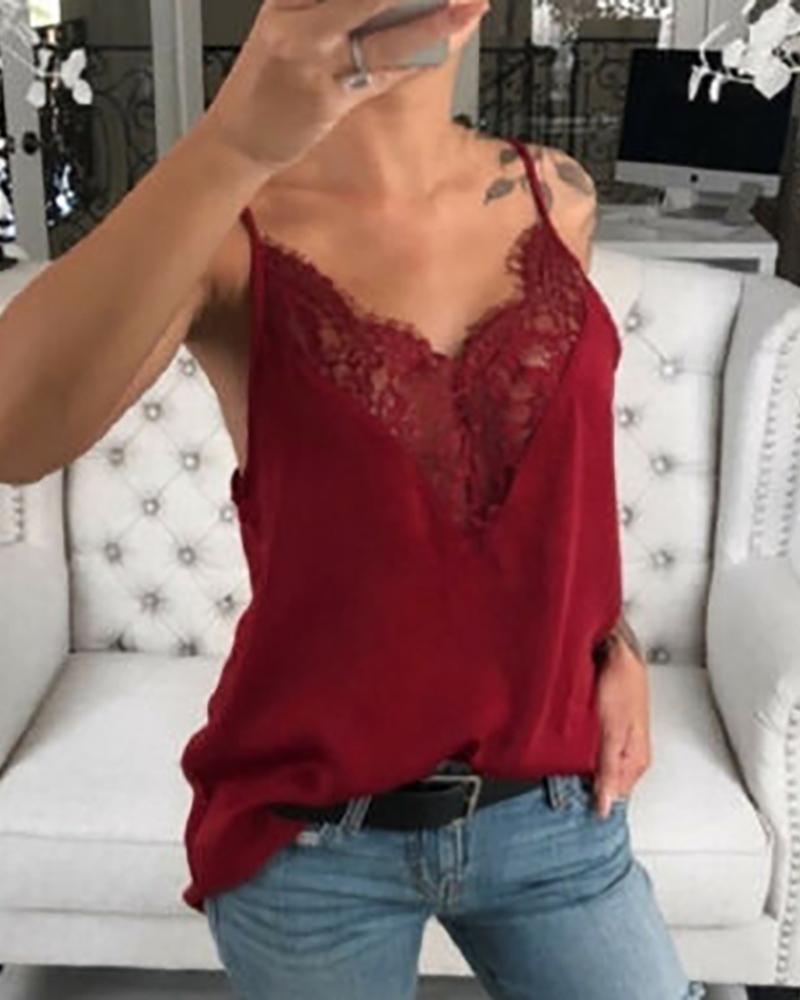 

Spaghetti Strap Lace Trim Top, Wine red