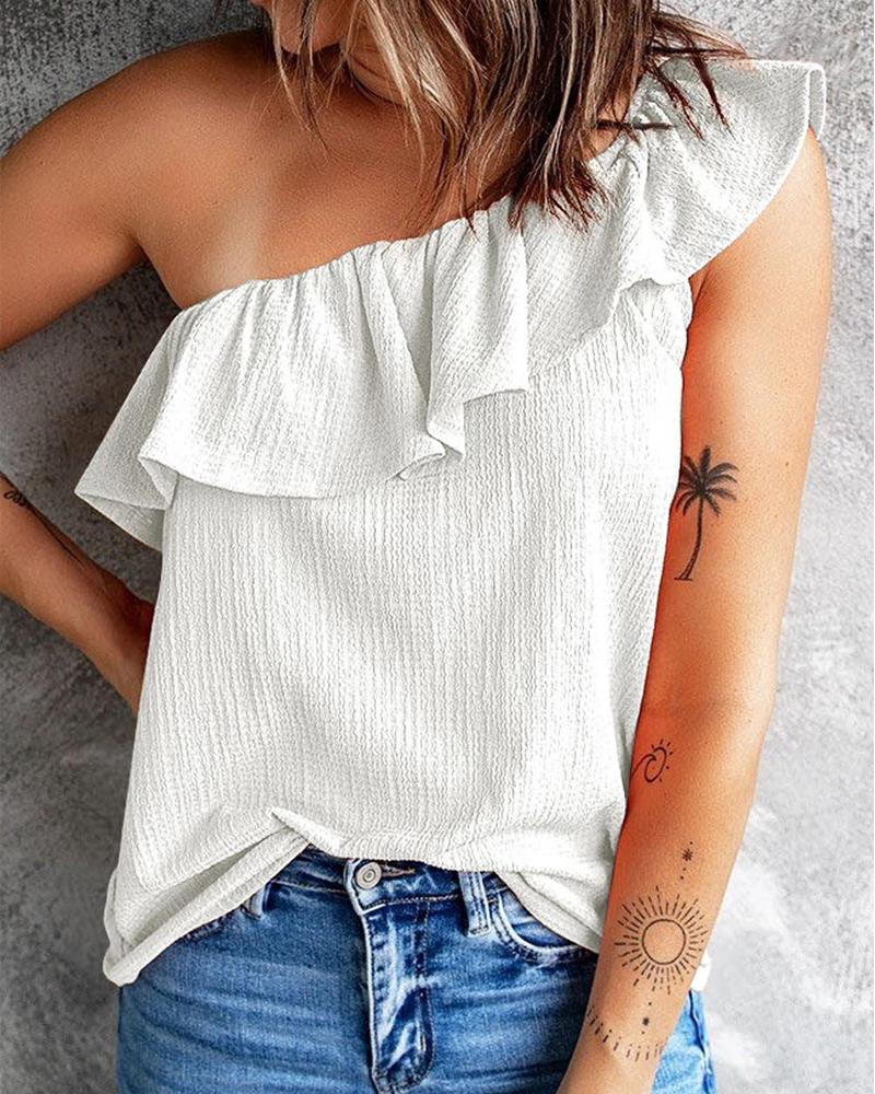 

Textured Ruffle Hem One Shoulder Top, White