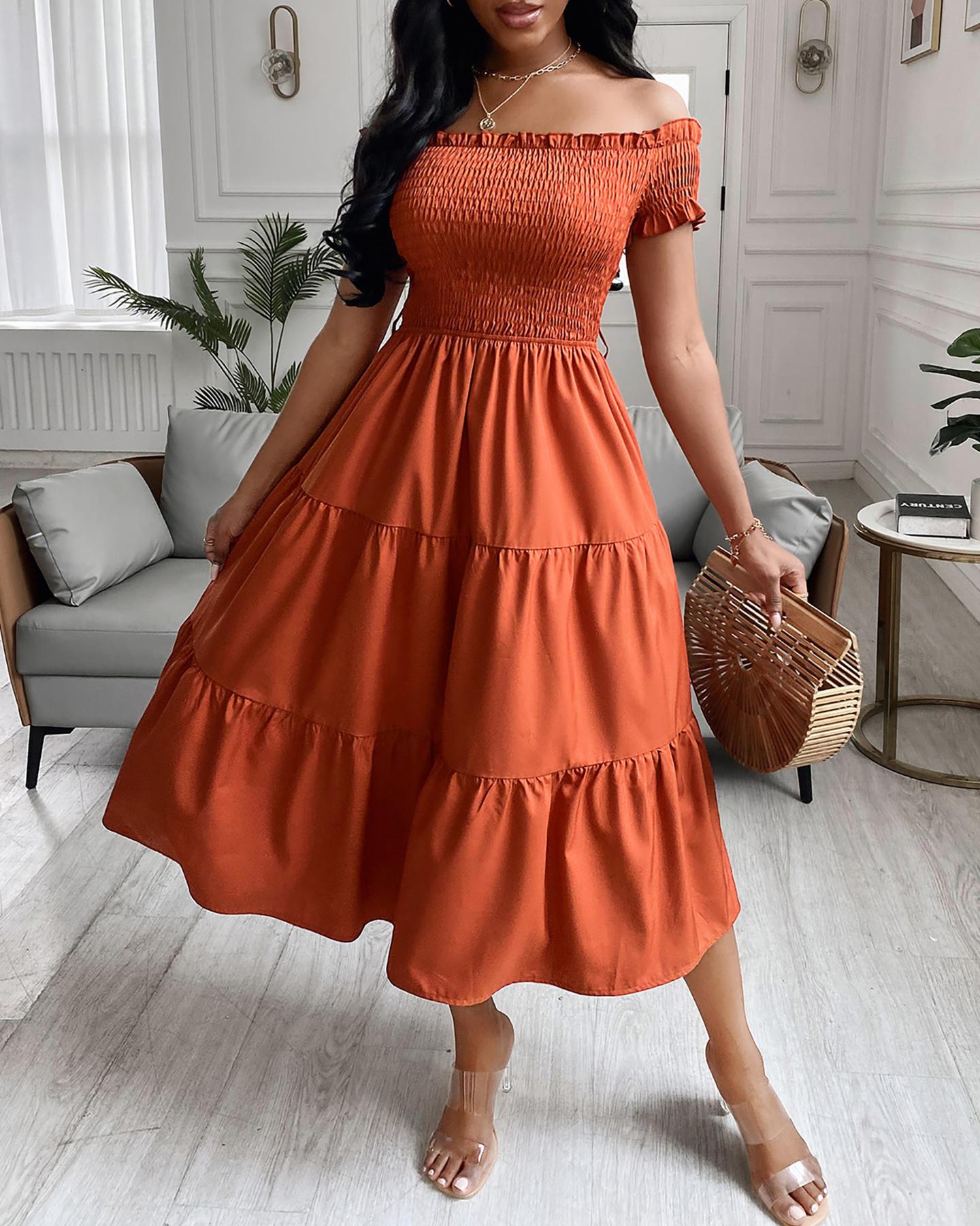 

Solid Off Shoulder Frill Trim Shirred Bodice Layered Dress, Orange
