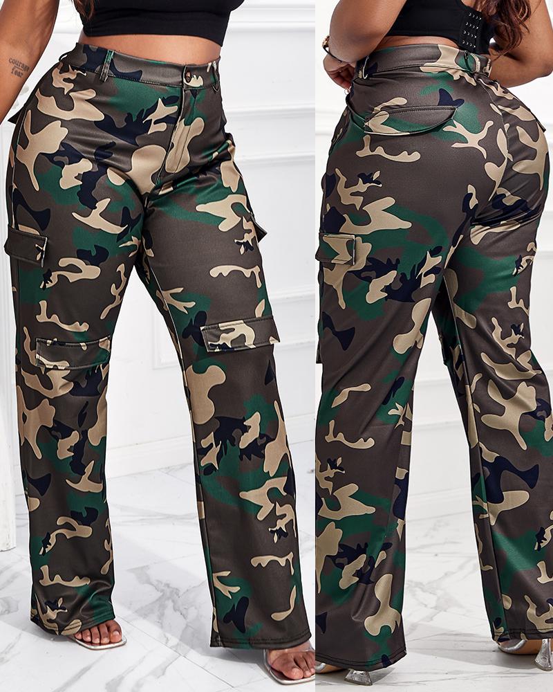 

Plus Size Camouflage Print Pocket Design Cargo Pants, Green