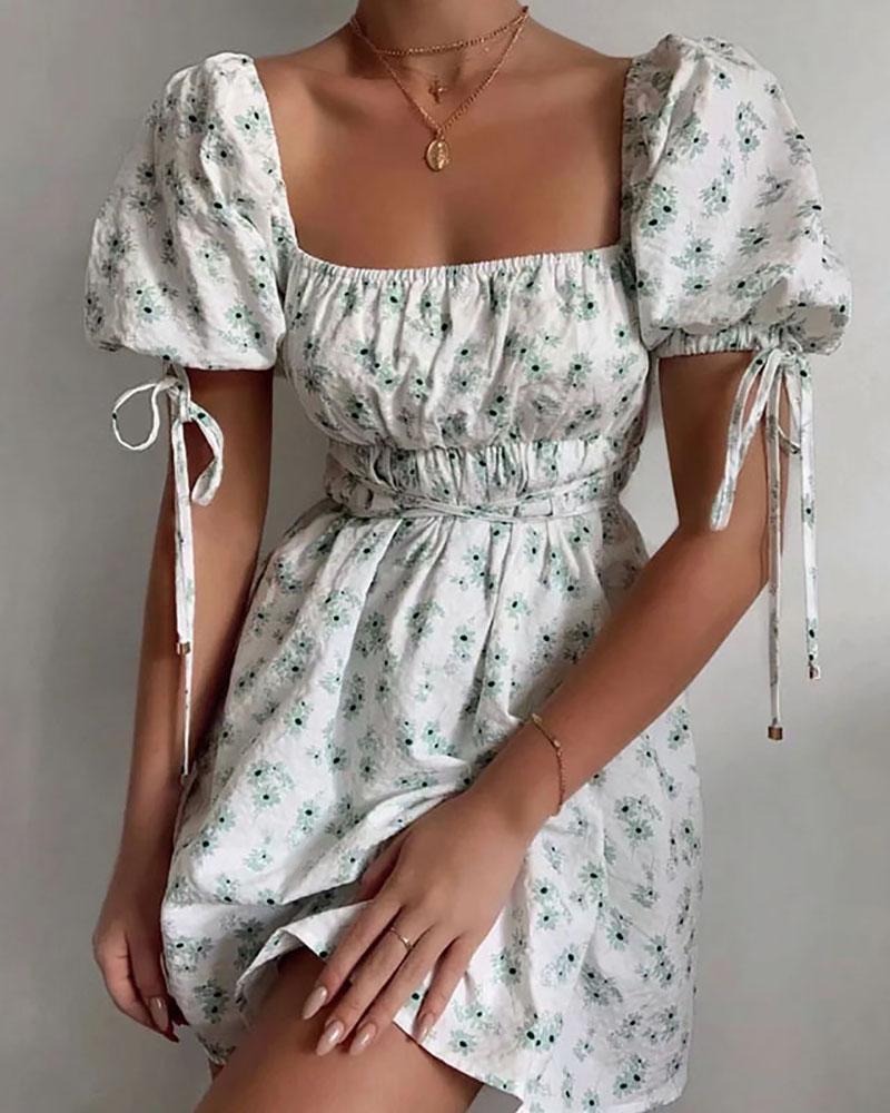 

Ditsy Floral Print Square Neck Puffed Sleeve Casual Dress, Green