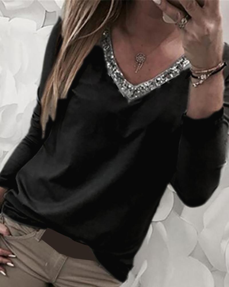 

V-Neck Sequins Long Sleeve Blouse, Black