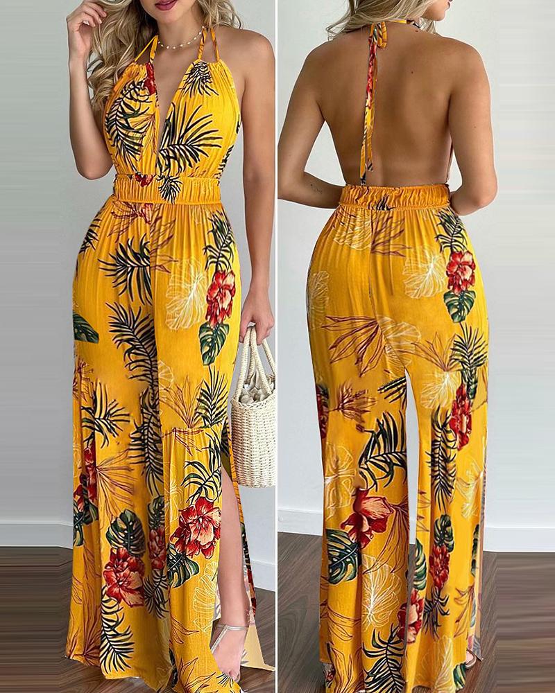 

Floral Print Halter Wide Leg Jumpsuit, Yellow