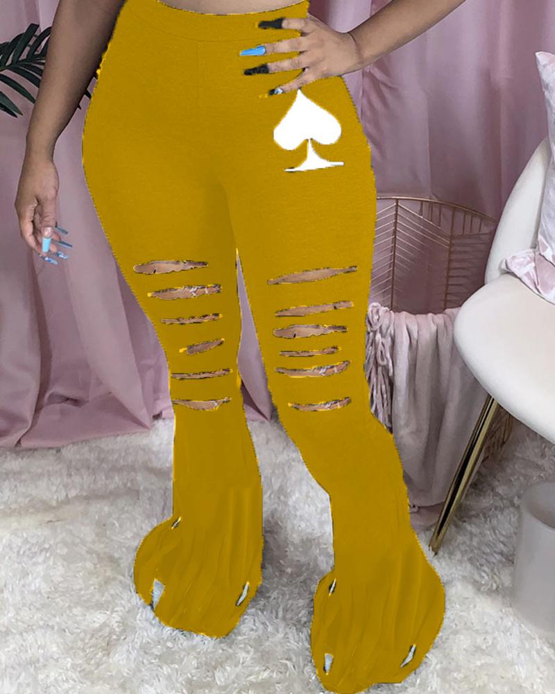 

Poker Print Ladder Cutout Bootcut Pants, Yellow