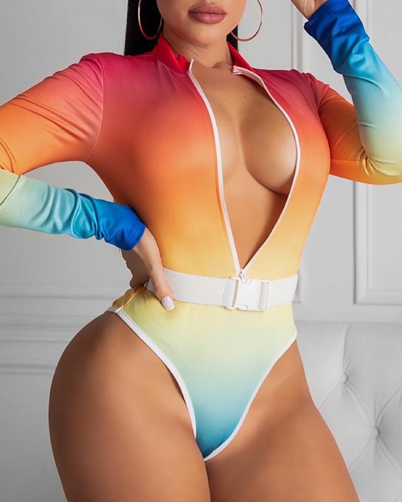 

Ombre Zip Front Buckled One Piece Swimsuit, Multicolor