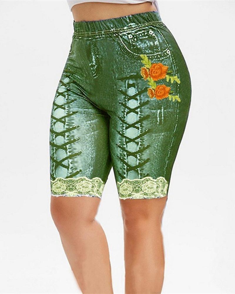 

Floral Denim Look Print Lace Patch Sports Leggings Yoga Shorts, Green