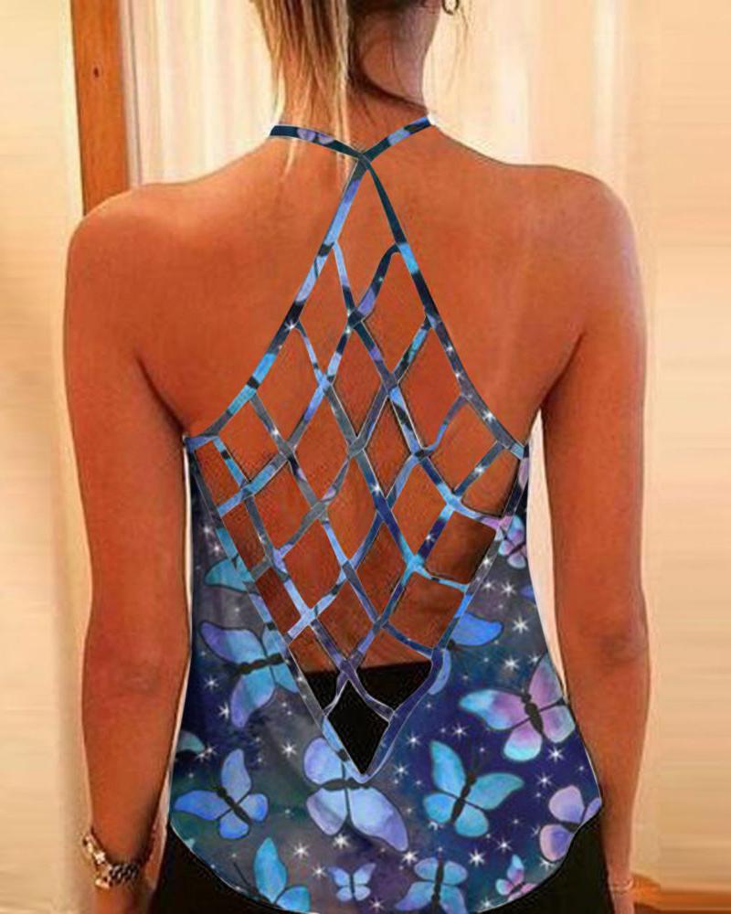 

Cutout Backless Halter Butterfly Print Top, Blue