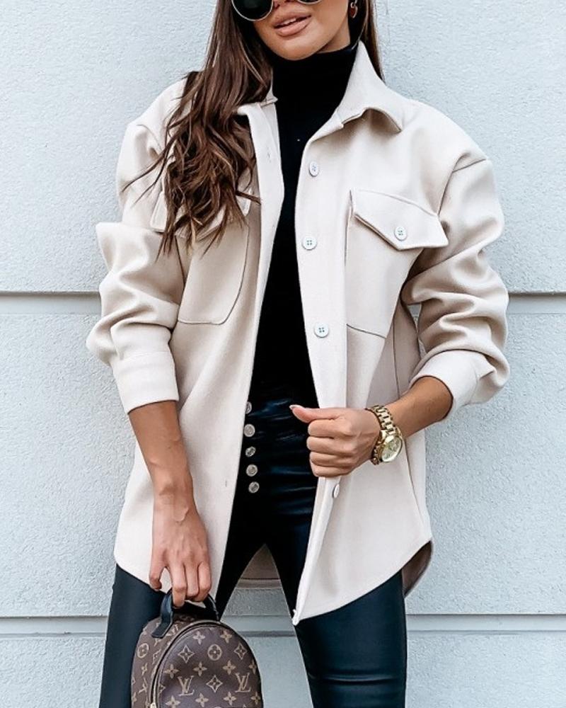 

Long Sleeve Flap Pocket Button Front Shacket, Apricot