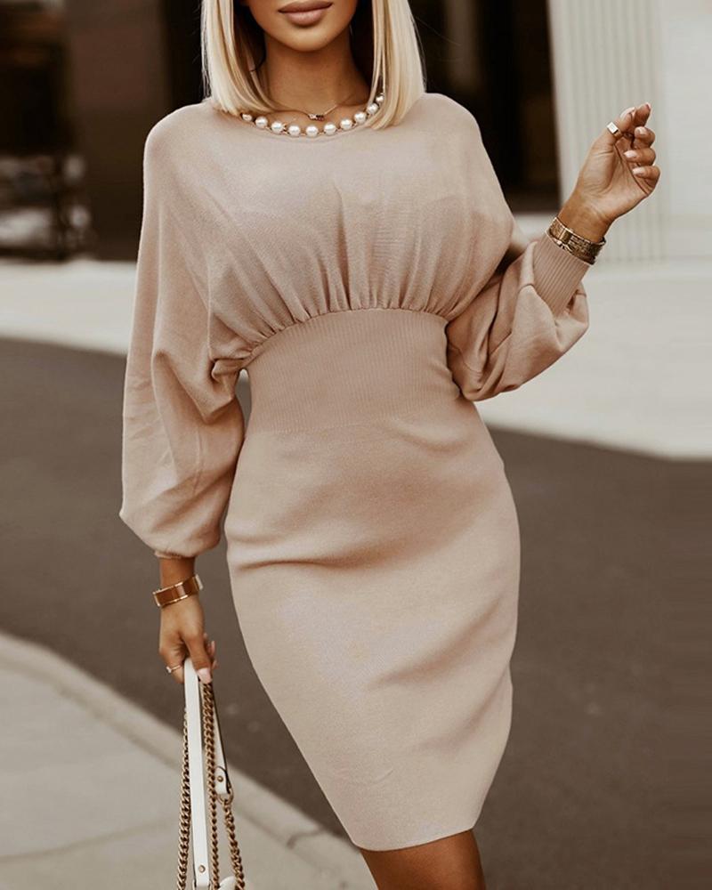 

Lantern Sleeve Round Neck Work Dress, Apricot