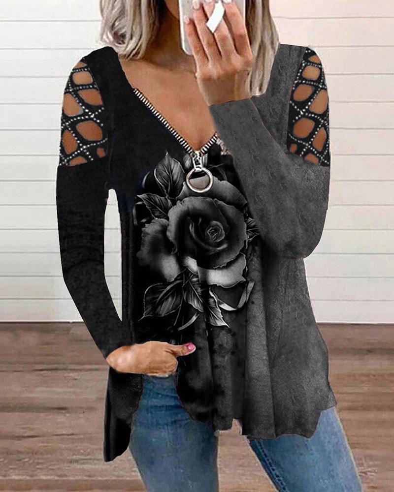 

Cutout Rhinestone Zipper Design Floral Print Colorblock Top, Gray