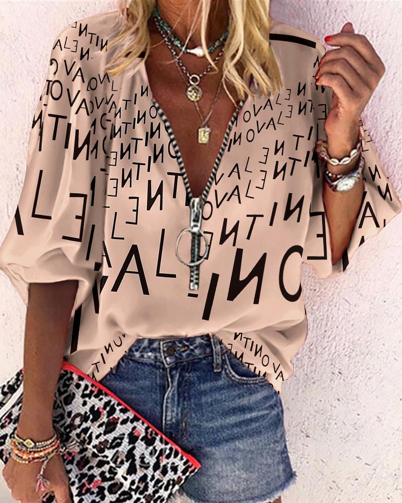 

Letter Print Zip Front Casual Top, Khaki