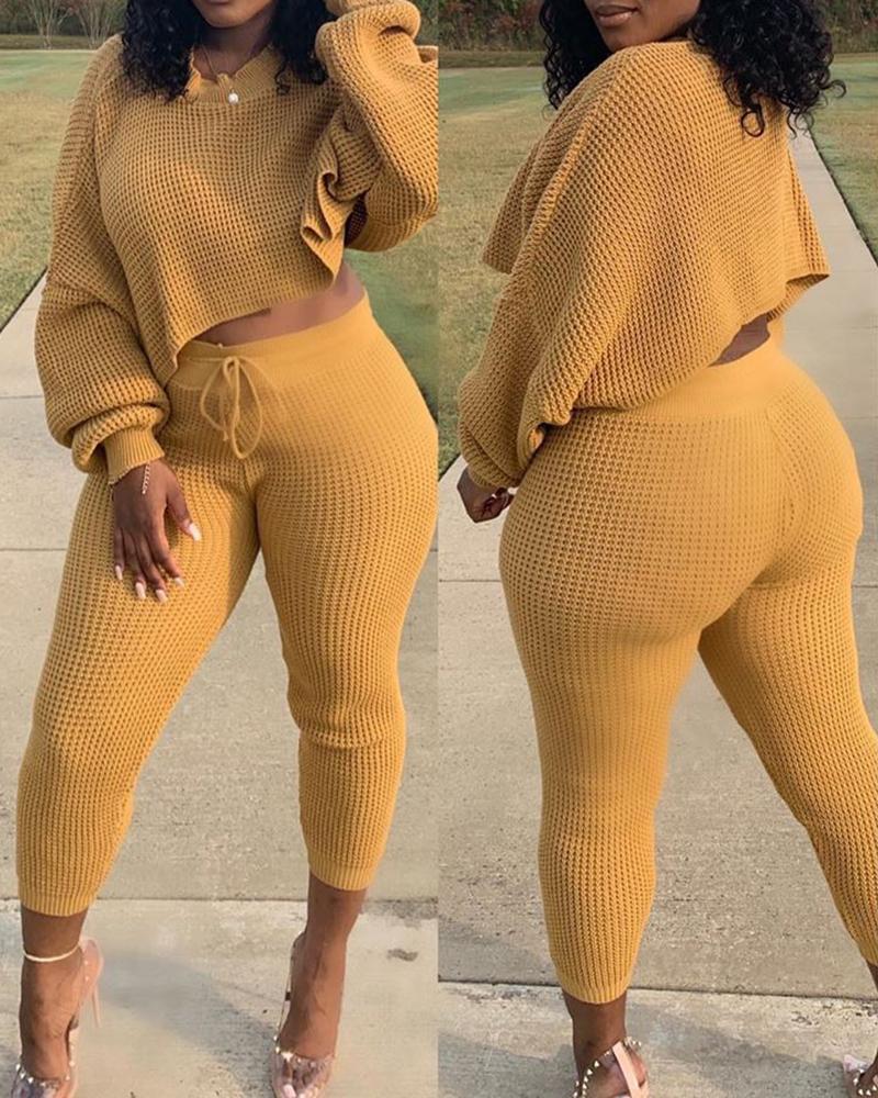 

Plus Size Batwing Sleeve Crop Top & Drawstring Pants Set, Yellow