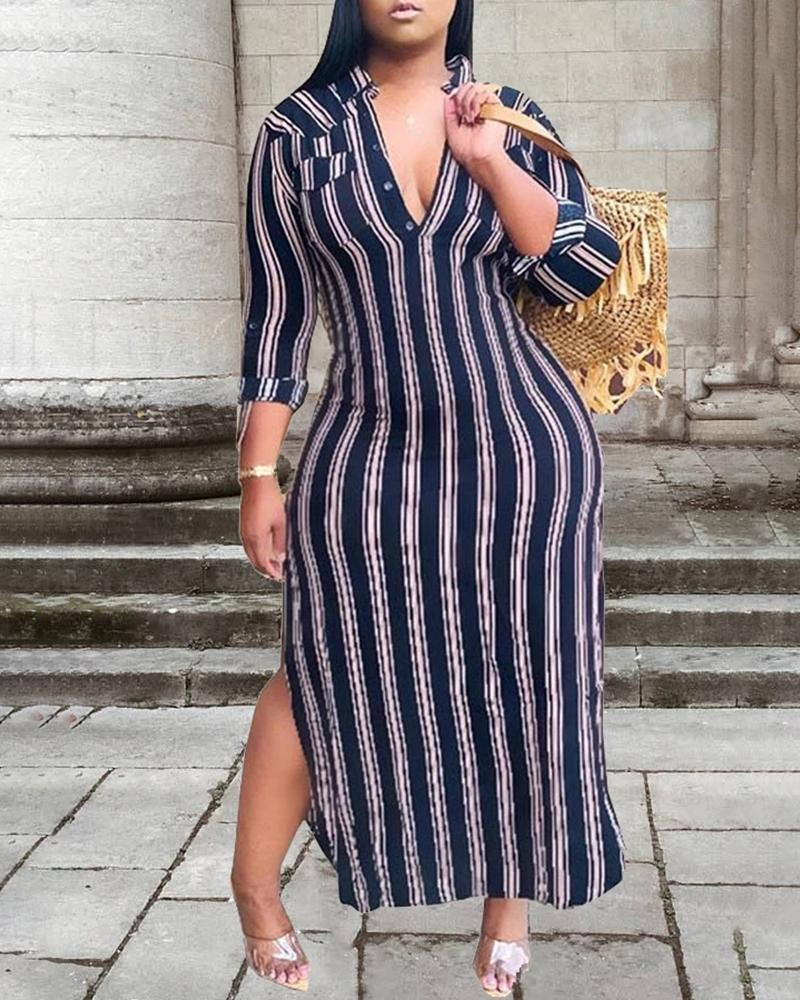 

Striped Colorblock High Slit Maxi Dress, Dark blue