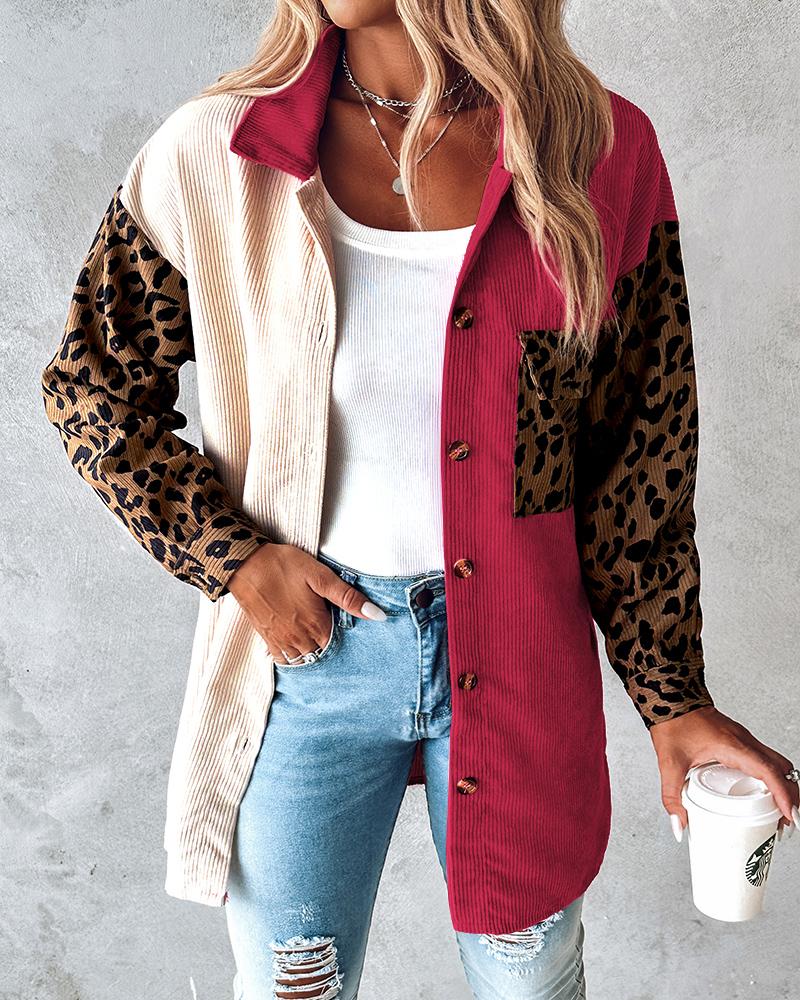 

Colorblock Leopard Print Corduroy Shacket, Red