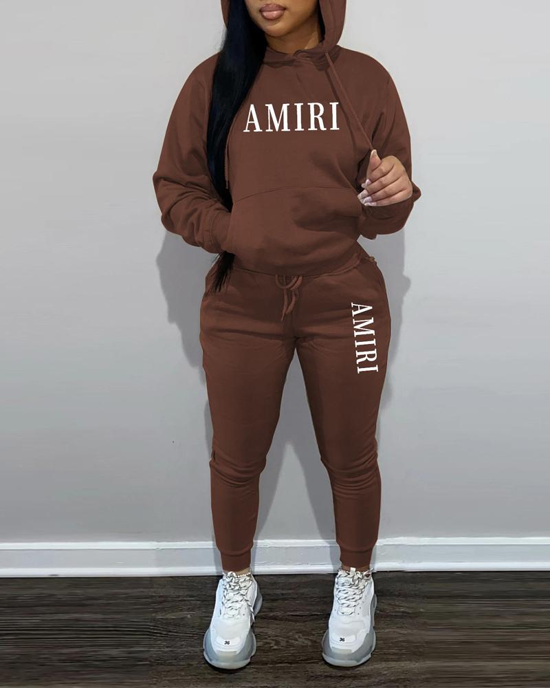 

Letter Print Long Sleeve Hoodie & Drawstring Pants Set, Coffee