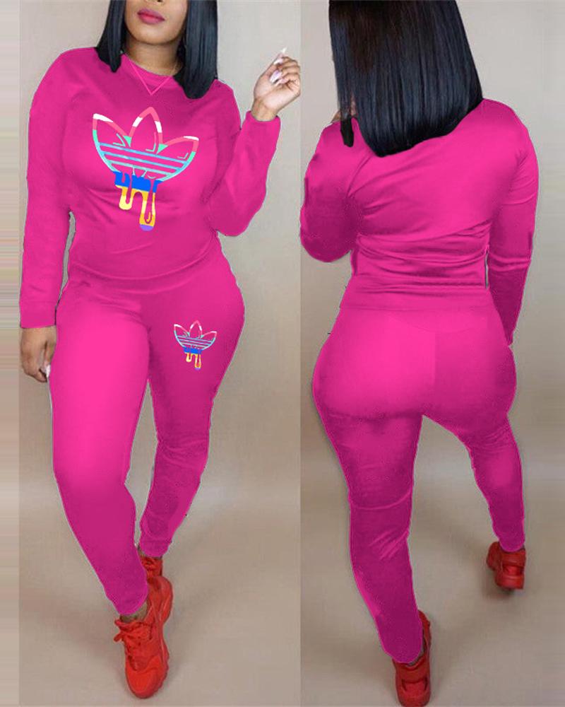 

Graphic Print Long Sleeve Top & Pants Set, Hot pink