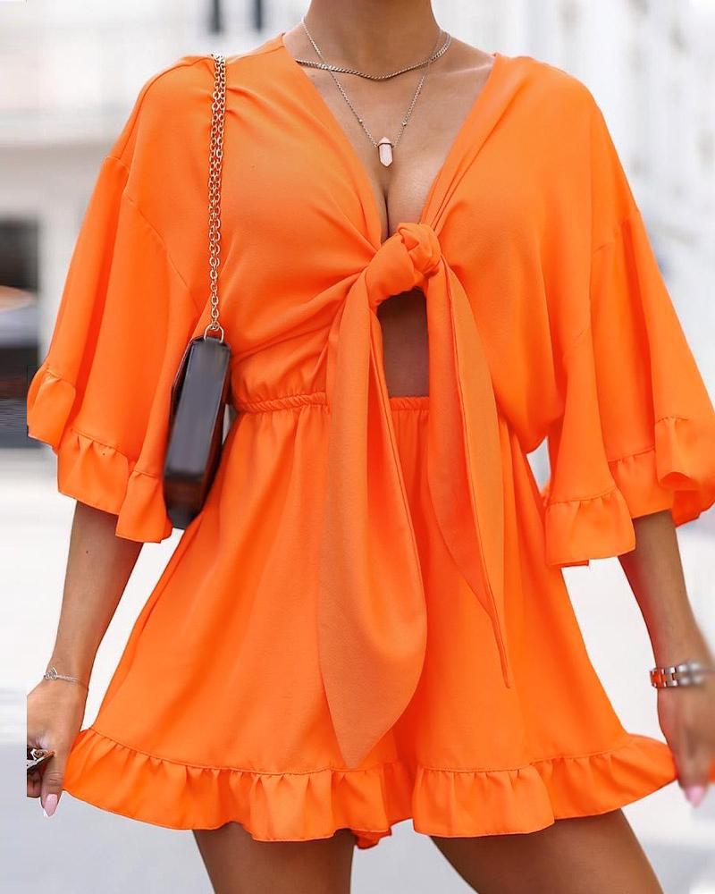 

Bell Sleeve Ruffle Hem Tied Detail Cutout Romper, Orange