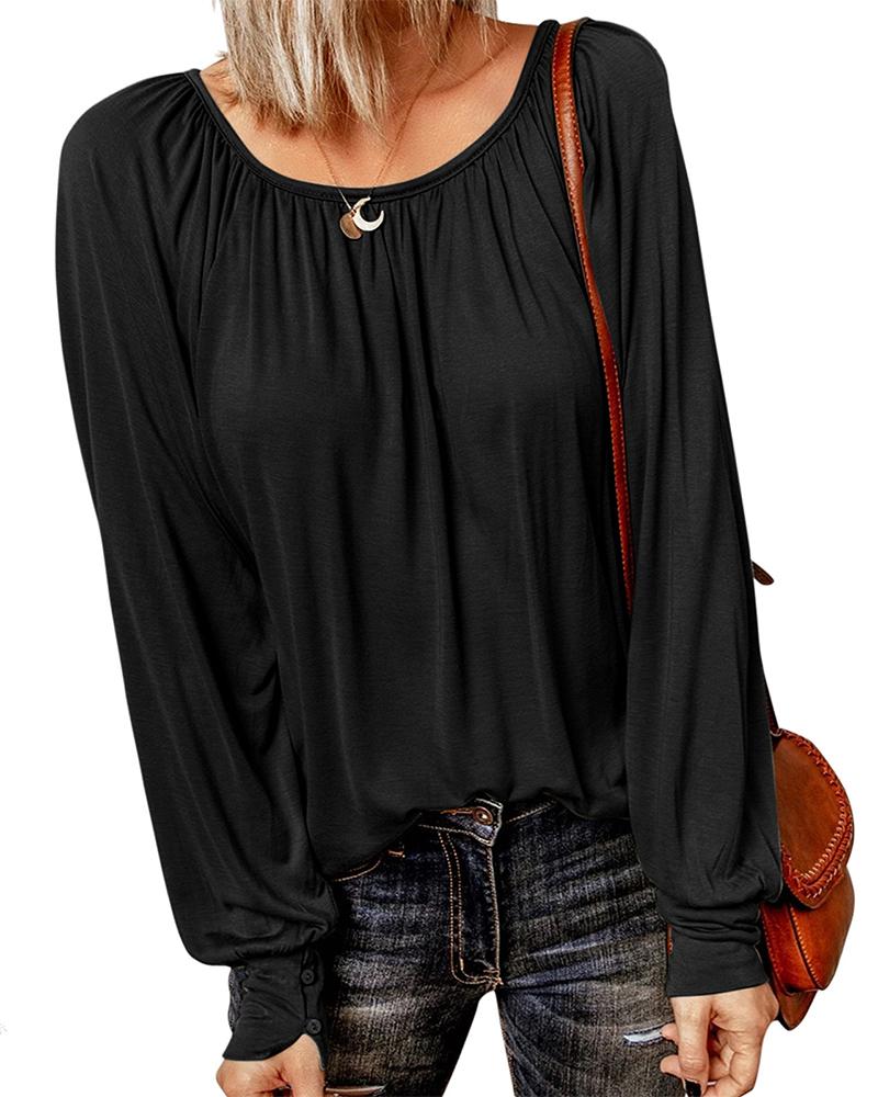 

Round Neck Long Sleeve Ruched Top, Black