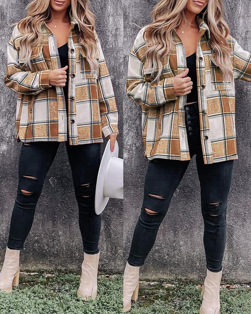 

Plaid Print Long Sleeve Button Down Shacket, Khaki