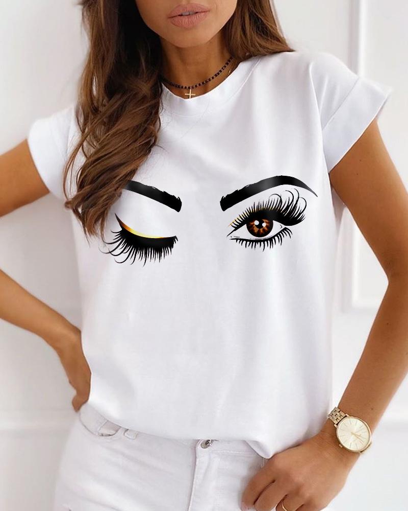 

Eyes Print Short Sleeve Casual T-shirt, White