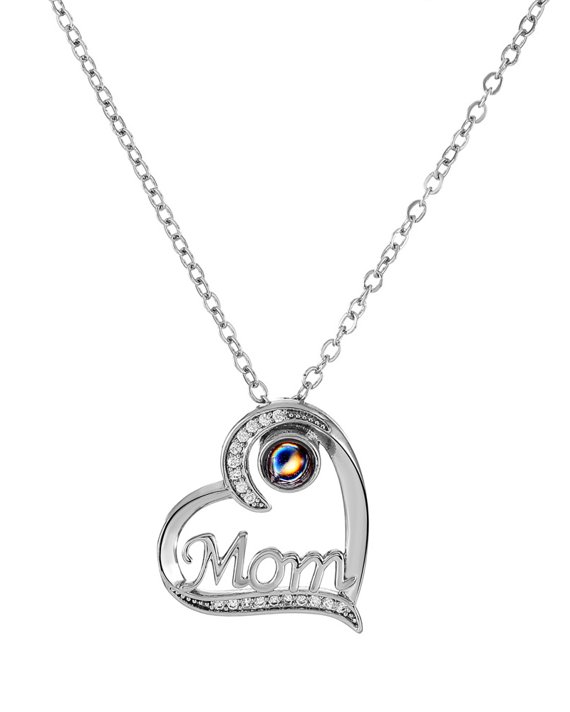 

1pc Mother's Day Fashion Charms Gift Hollow Out Heart Rhinestone Letter Mom Pendant Necklace, Silver