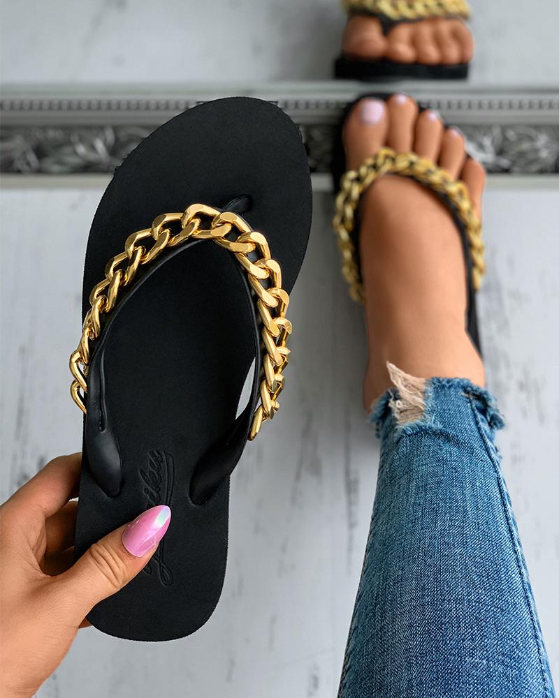 

Chain Decor Casual Filp Flops, Black
