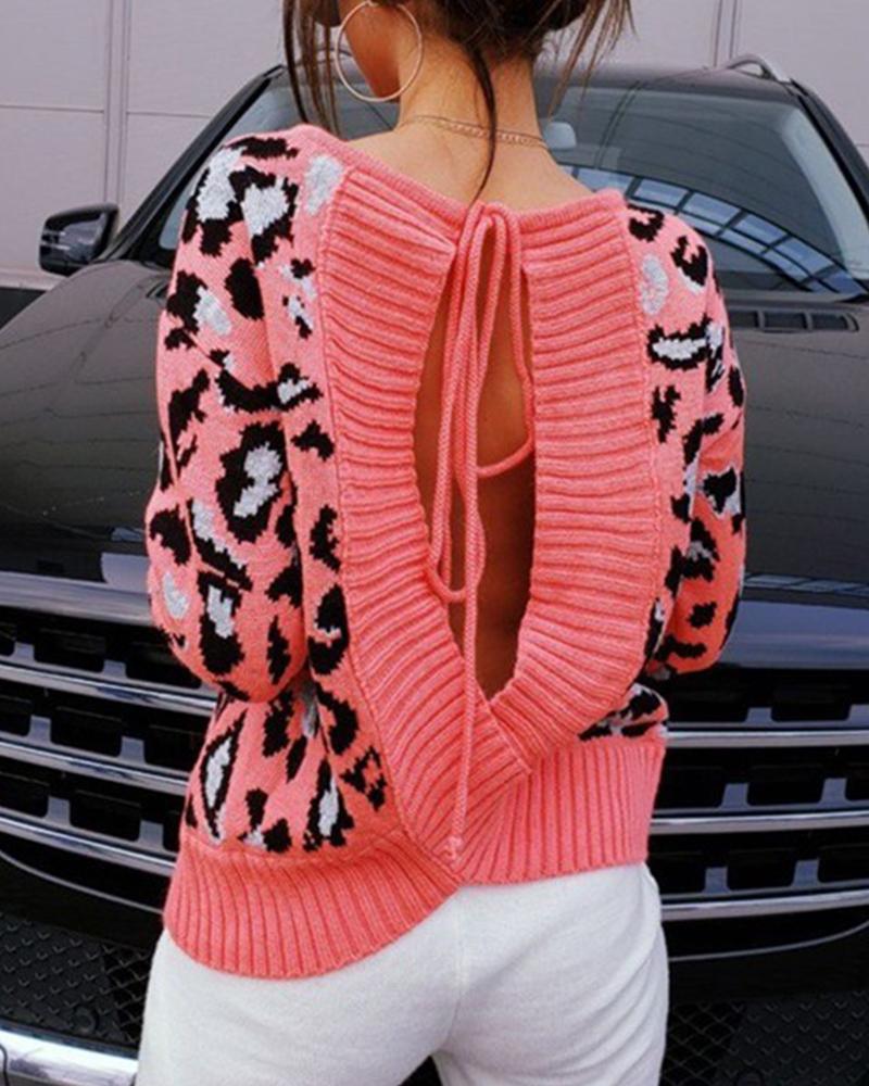 

Leopard Drop Shoulder Tied Detail Open Back Sweater, Red