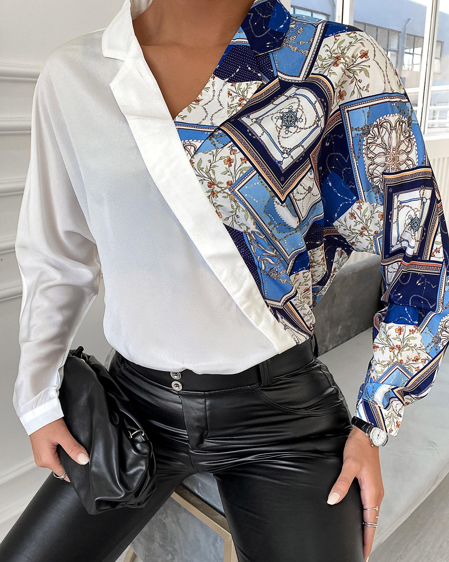 

Abstract Print Colorblock Long Sleeve Shirt, White