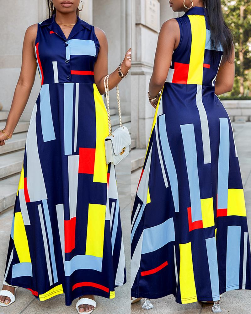

Geometric Print Buttoned Maxi Dress, Blue