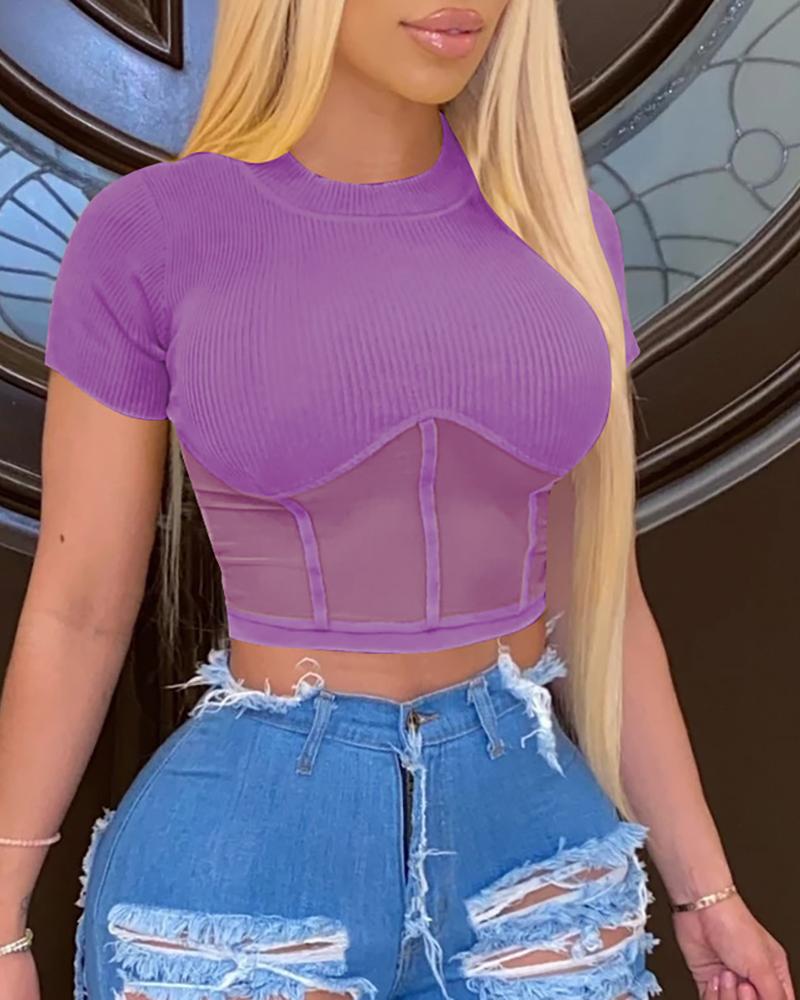 

Ribbed Short Sleeve Mesh Corset Top, Purple