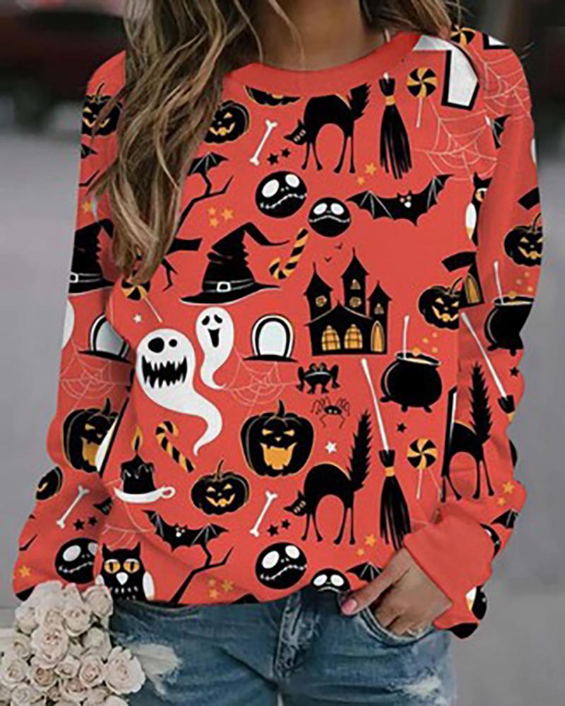 

Halloween Long Sleeve Bats Pumpkin Cats Print Sweatshirt, Wine red