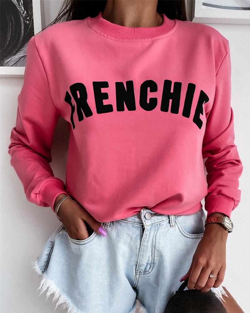 

O Neck Lantern Sleeve Letter Print Casual Sweatshirt, Pink