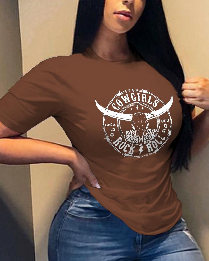 

Cowgirls Rock & Roll Steer Skull Print T-shirt Western Country Music Graphic Tee, Brown